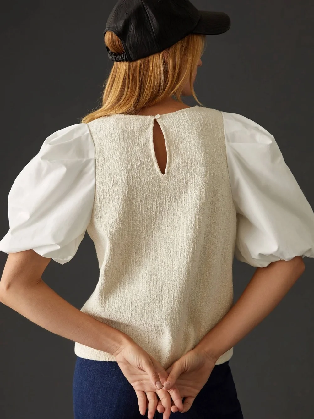 Anthropologie XS Puff Sleeve Knit Top Neutral Boho Preppy Textured Dramatic